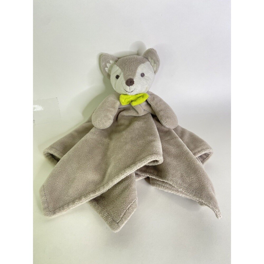 Honey Bunny Fox Wolf Puppy Dog Lovey Gray White Baby Security Blanket Green Bow